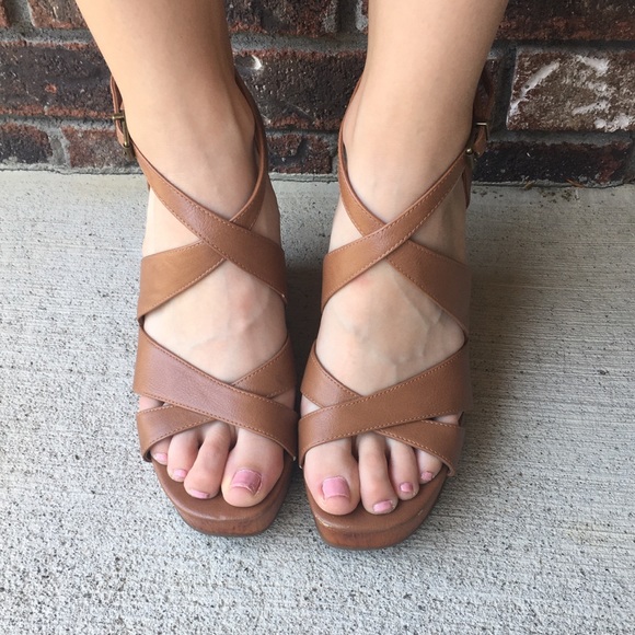 {Lucky Brand} Brown Wooden Heel Strappy Wedges - Picture 2 of 5